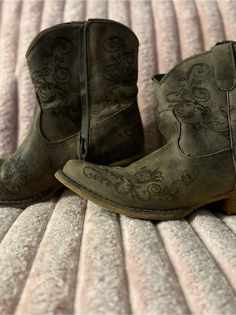 Roper Olive Brown Suede Western Ankle Booties with Embroidered Scroll